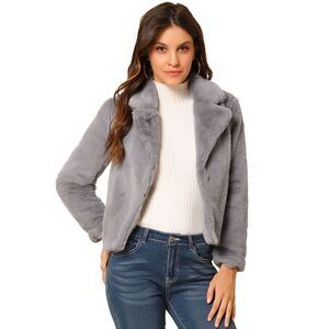 Cropped Jacket Notch Lapel Faux Fur Fluffy Coat Grey